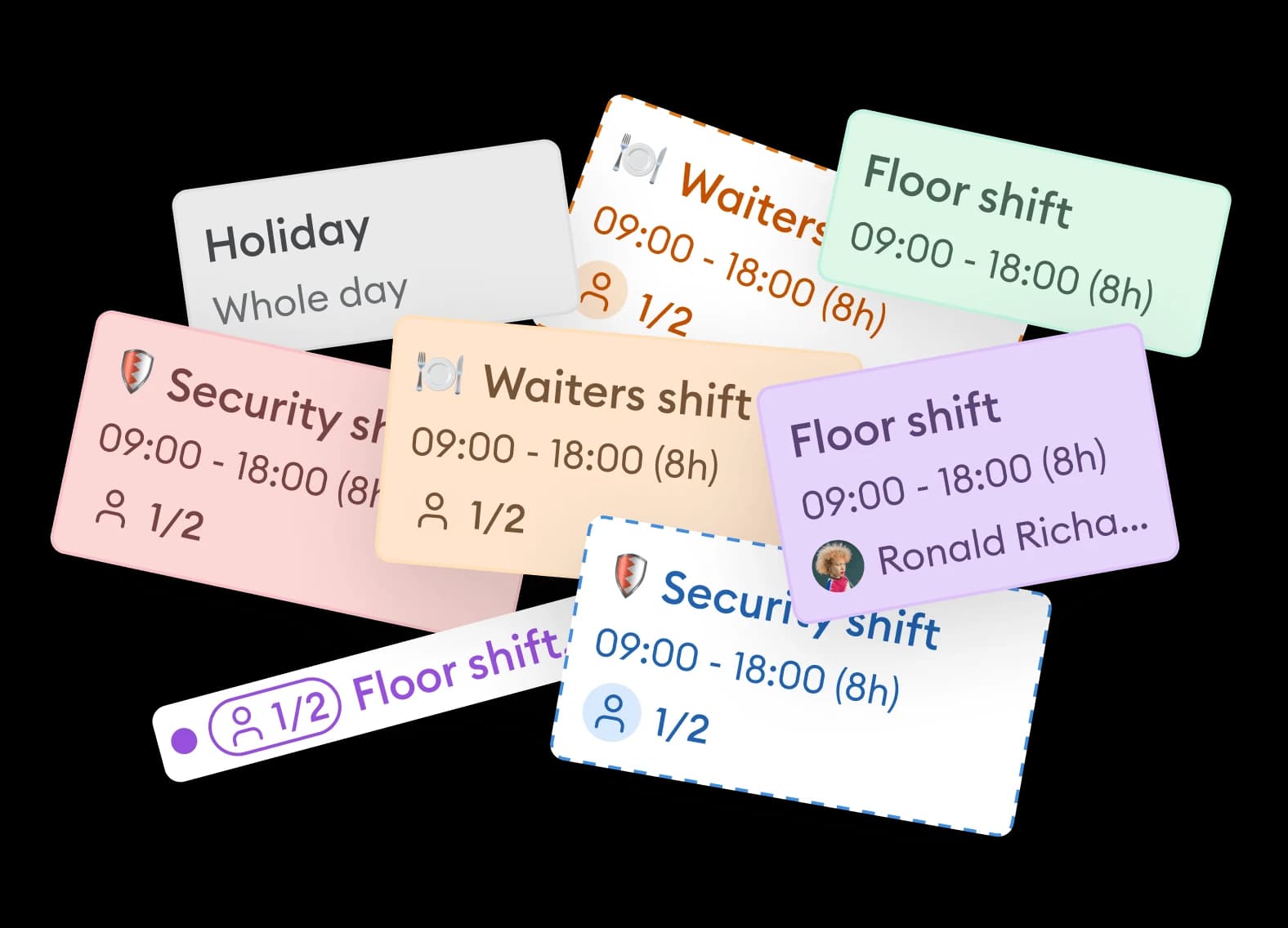 Shift management app state — shift cards with various assignment states