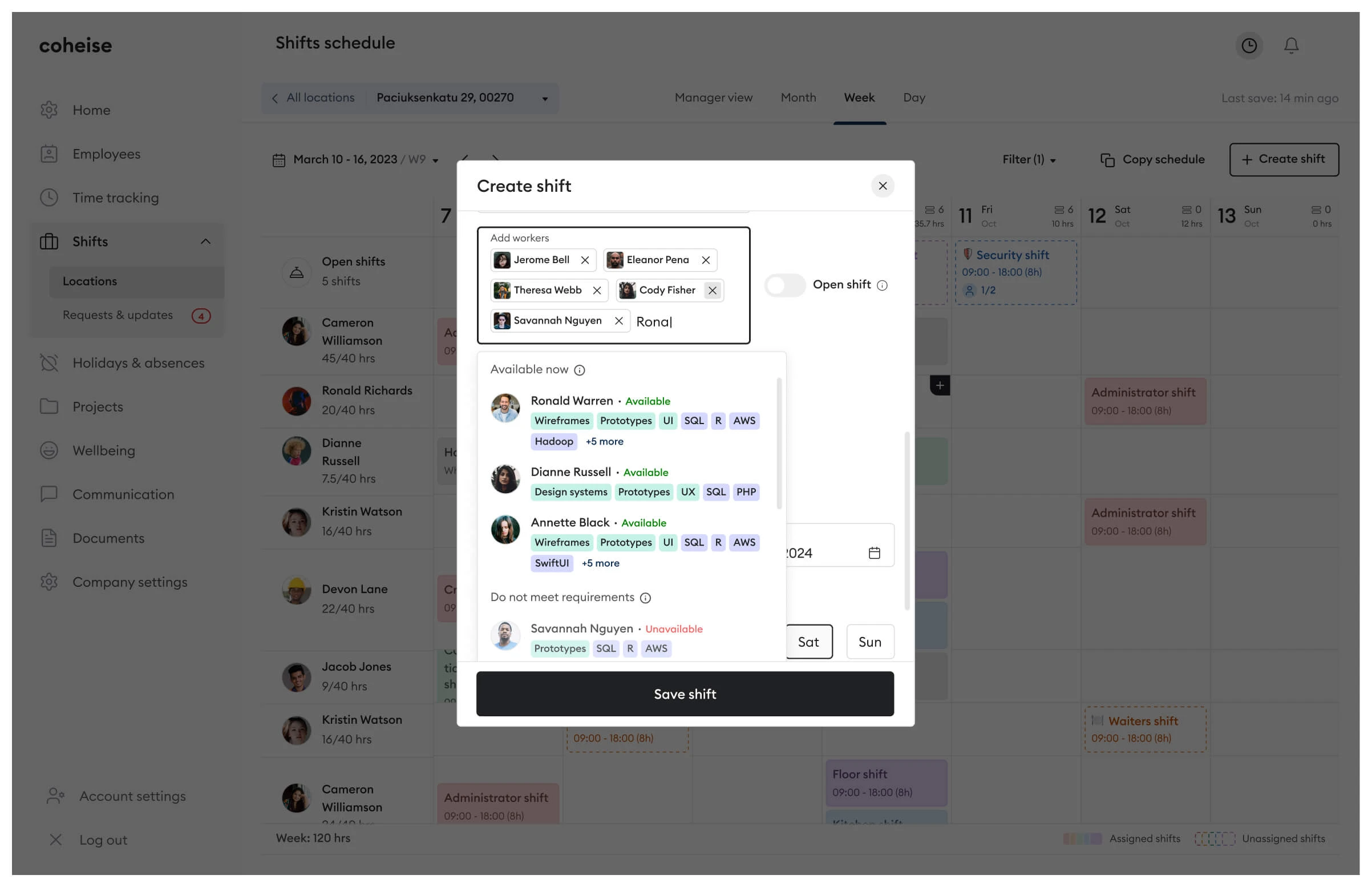 Shift creation modal design